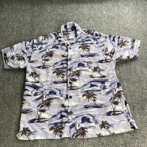 Vintage Crown Hawaiian Shirt Men L Blue Palm Tree Swordfish Resort Coastal Retro